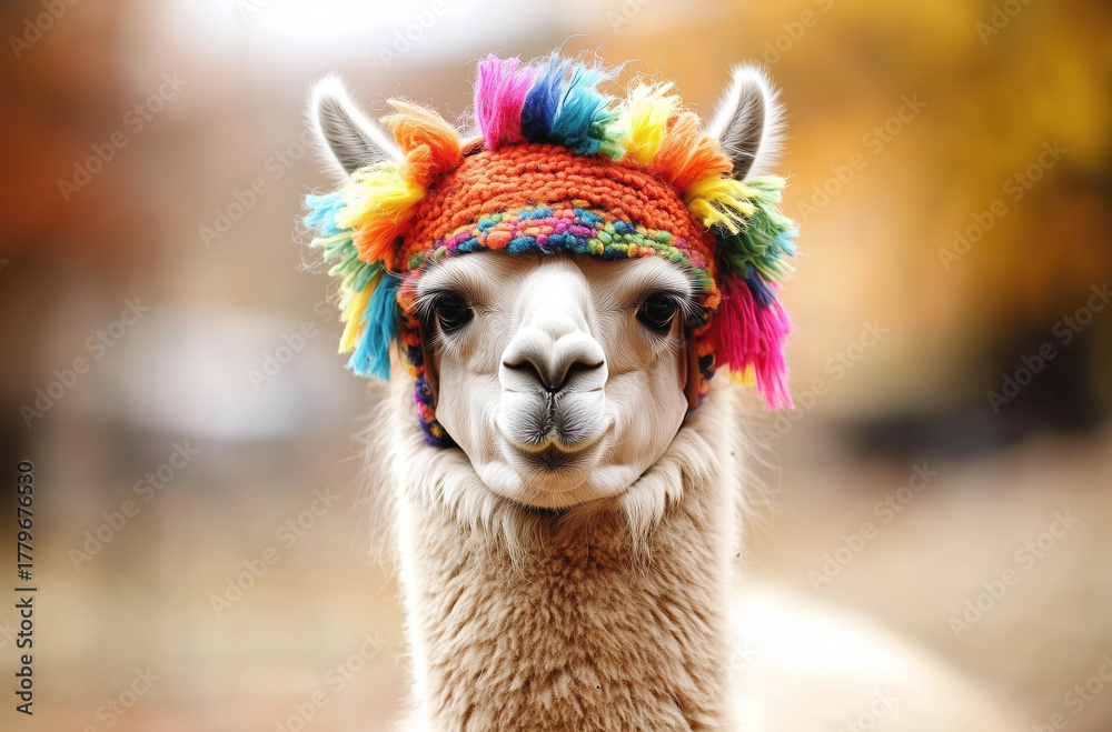 Fototapeta premium Portrait of a llama or alpaca decorated with colorful clothes against blurred background