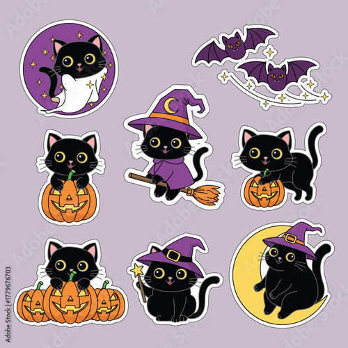 Set of cute black cats for Halloween. Funny icons. Vector illustration.
