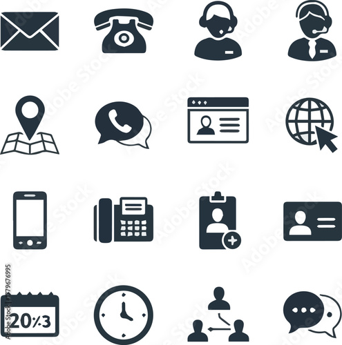 Create Contact icon set. Containing e-mail, phone, address, customer service, call, website and more. Solid icons vector collection.