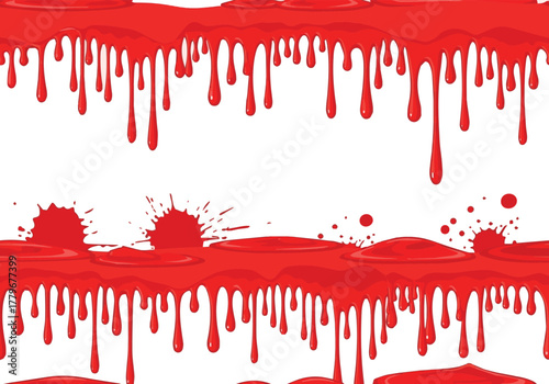 Create Halloween vector blood seamless border. Red dripping liquid paint with splatter, leaking bleeding splashes. Horror stain, crude blob bg. Isolated horror ink trickle.