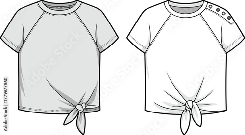 Fashion flat sketch, short sleeve shirt, raglan sleeve top, tie front blouse, button shoulder detail, apparel design, garment template, vector illustration