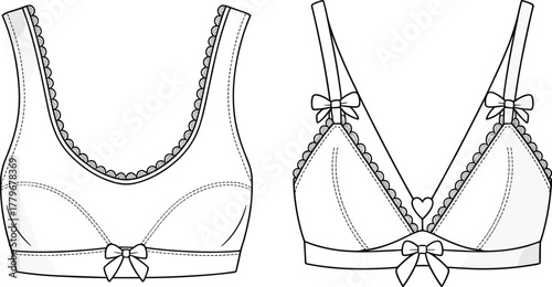 Black and white lingerie bra fashion illustration, technical flat sketch, scalloped trim, bows, heart detail, stylish underwear design drawing vector