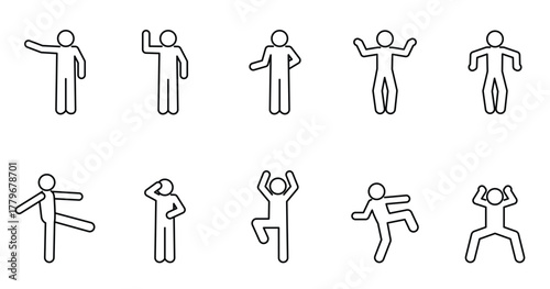 Linear icons of people, set of stickman poses, isolated silhouettes, human hand gestures