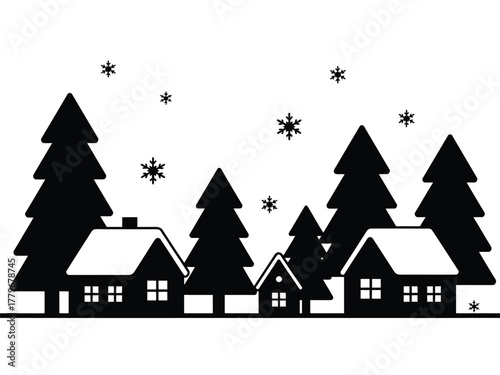 A silhouetted village nestled amongst evergreen trees during a winter snowfall.