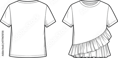 T shirt, short sleeve, round neck, ruffle detail, women fashion, apparel, clothing, stylish, trendy, casual, design, garment, sketch, 
