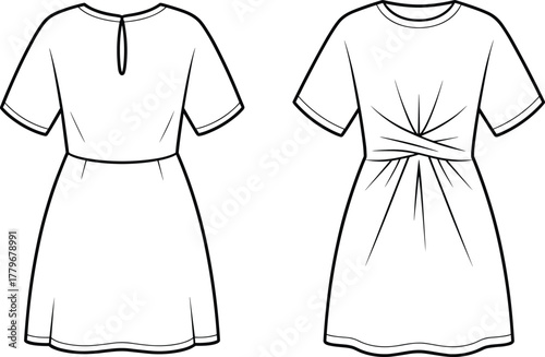 Women dress, short sleeve, round neck, keyhole back, gathered waist, ruched detail, fashion, apparel, clothing, stylish, trendy, elegant, chic, design, garment, sketch, illustration, 