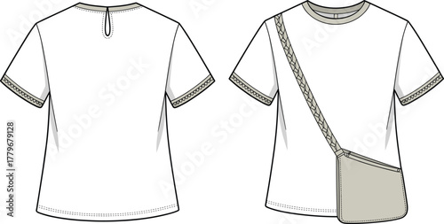 Women top, short sleeve, round neck, keyhole back, button closure, crossbody bag, braided strap, fashion, apparel, clothing, stylish, trendy, design, garment, sketch, illustration, 