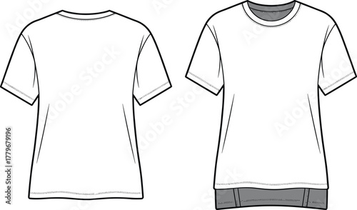 Women’s short sleeve t‑shirt illustration, layered hem detail, fashion flat sketch, garment design, apparel template, clothing construction, casual wear drawing