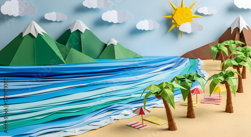 Tropical Origami Paradise: A handcrafted paper scene of a tropical beach paradise unfolds, featuring meticulous origami palm trees, rolling waves, and a radiant sun.