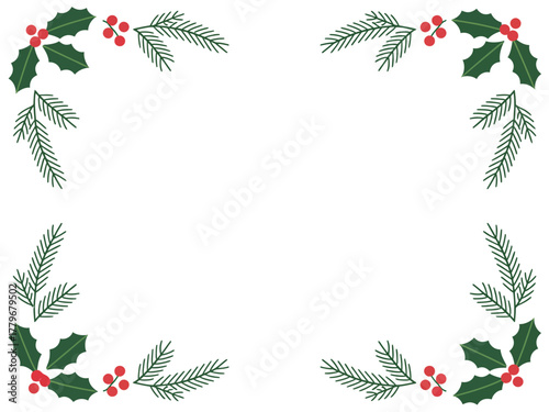 Christmas holly and fir branches create a decorative border on a white background.