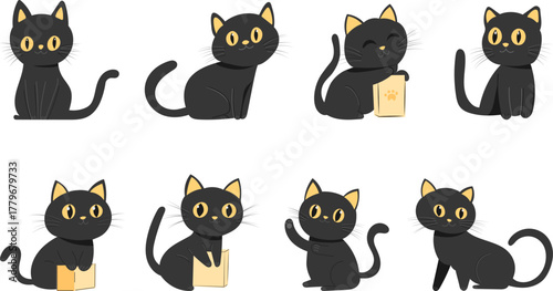Set of cute black kittens in different poses, vector
