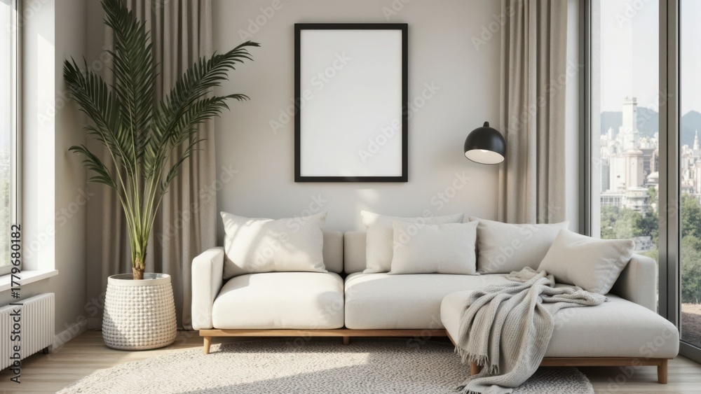 Fototapeta premium Modern Living Room with Textured Floor and Soft Lighting