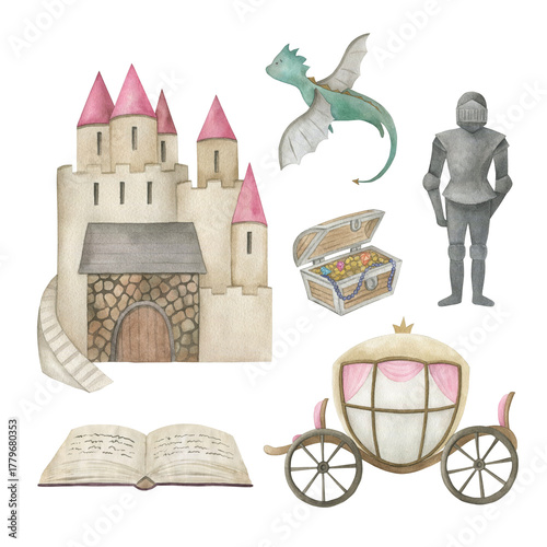 Historical collection with fairy-tale characters. Watercolor hand drawn isolated  illustrations on white background