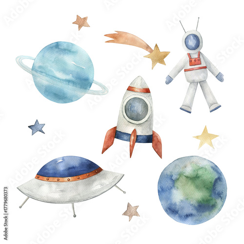 Watercolor cosmos collection with planets, rockets, astranaut, stars. Hand drawn isolated illustration on white background