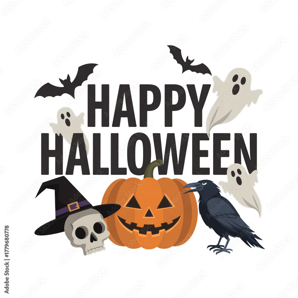 Obraz premium Happy Halloween Illustration With Skull and Pumpkin