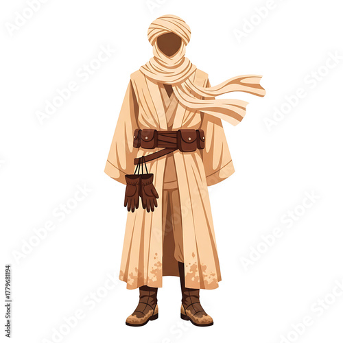 Pixel art illustration of a desert nomad in traditional clothing, isolated on white background