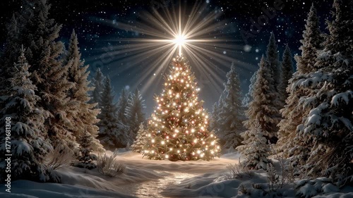 Brightly Lit Christmas Tree in Snowy Forest at Night