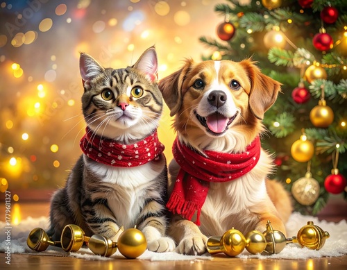 cat and dog celebrate christmas 
