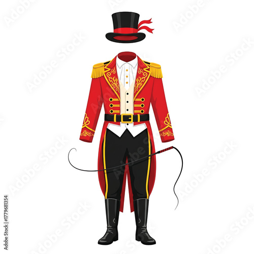 Ringmaster costume with top hat and whip isolated on white background