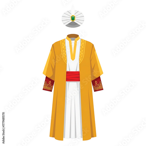 Traditional ottoman sultan attire with turban and robe, isolated on white background