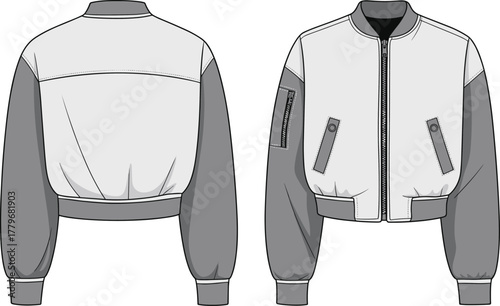 Bomber jacket illustration, technical fashion sketch, two tone design, ribbed cuffs, zipper closure, utility pockets, garment construction, apparel flat, sewing pattern, stock vector