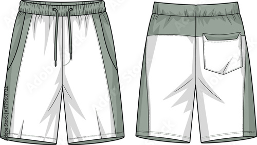 Athletic shorts, sportswear flat sketch, two tone design, technical fashion drawing, apparel template, garment illustration, clothing vector, elastic waistband style
