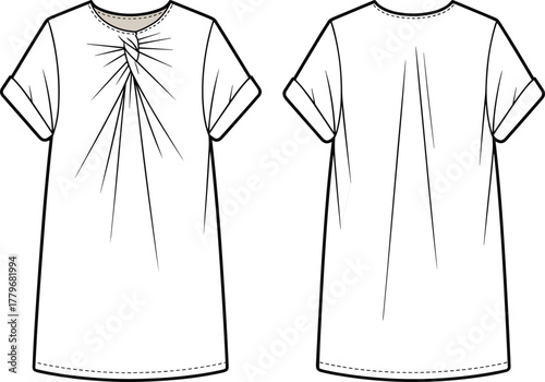 Fashion illustration, technical dress sketch, short sleeve tunic, pleated neckline design, garment construction, apparel flat, clothing vector, sewing pattern, stock art, portfolio