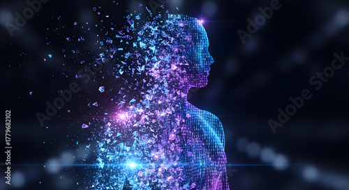 Digital Human Dissolution: An artistic depiction of a human form dissolving into fragments, symbolizing the intersection of humanity and technology, transformation.