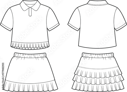Women’s collared top and skirt set, fashion illustration, technical sketch, pleated hem, tiered skirt design, apparel flat, garment construction, sewing pattern, stock vector