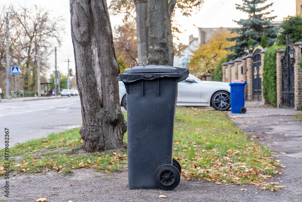 Obraz premium Black trash bin on the street beside a tree during autumn with fallen leaves and parked cars in the background
