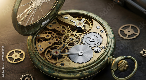 Mechanical Marvel: An antique pocket watch, its intricate internal gears exposed, lies open against a textured surface, showcasing the beauty of timekeeping mechanisms and hinting at history