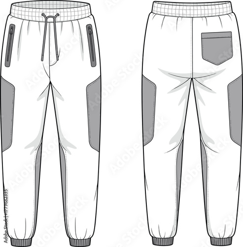 Men’s jogger pants technical flat sketch, fashion apparel vector drawing with drawstring waistband, zip pockets, color block panels, stylish athletic garment design