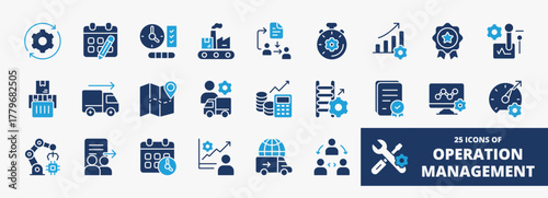 set of A collection of operation management icons suitable for web and mobile application. Set of glyph blue style icons with process, planning, control, distribution, logistics, and more icons.