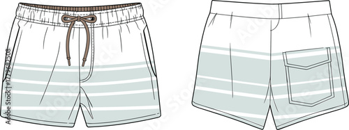 Men’s swim trunks fashion flat sketch, striped beach shorts vector, technical apparel drawing with pockets, waistband, drawstring, modern summer swimwear design