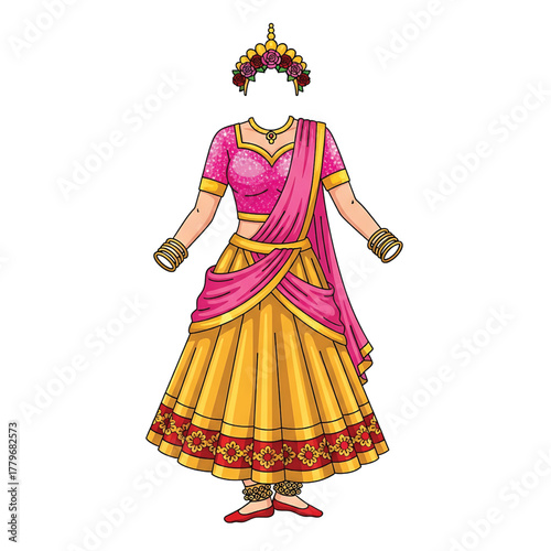 Traditional indian dancer costume with jewelry and headdress, isolated on white background