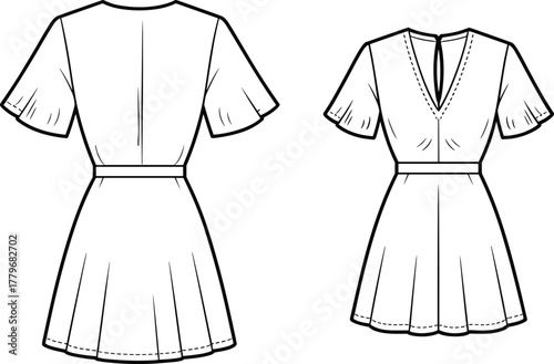 Short sleeve dress, flutter sleeve silhouette, V neckline design, technical fashion sketch, apparel flat drawing, garment template, clothing illustration, vector outline