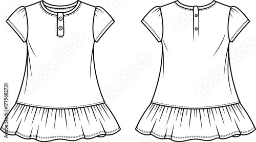 Short sleeve dress, puff sleeve silhouette, flared skirt design, technical fashion sketch, apparel flat drawing, garment template, clothing illustration, vector outline