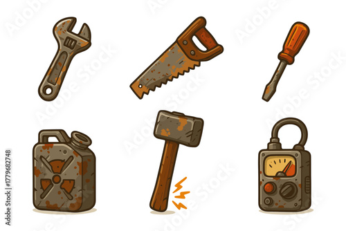 Rusty tools cartoon icons ,industrial, post-apocalypse, mechanic, repair, equipment