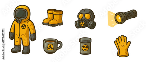 Protective suit cartoon icons ,radiation, safety, post-apocalypse, toxic, danger
