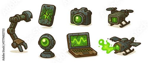 Spy drones cartoon icons ,technology, surveillance, robot, post-apocalypse, cyber