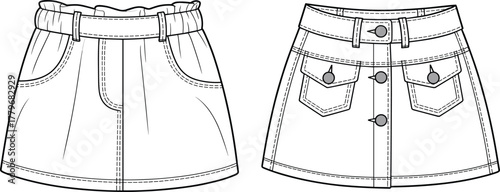 Skirt flat sketch fashion template, gathered waistband, button placket, flap pockets, technical garment drawing, apparel design vector, clothing illustration