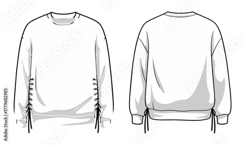 Sweatshirt fashion sketch, lace up detail, technical flat drawing, apparel template, garment design, clothing illustration, vector outline, relaxed fit style