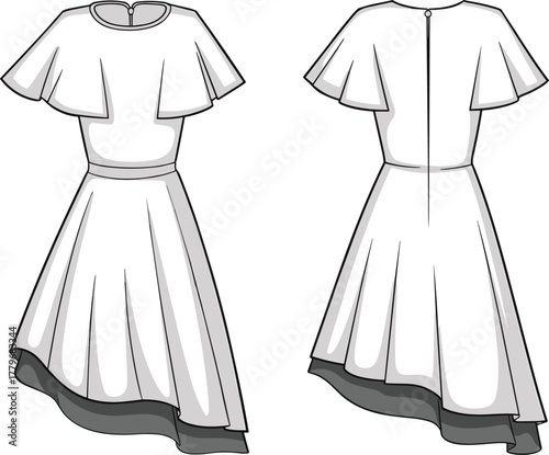 White dress, technical fashion sketch, apparel flat drawing, flutter sleeve silhouette, asymmetrical skirt design, garment template, clothing illustration, vector outline, stock fashion