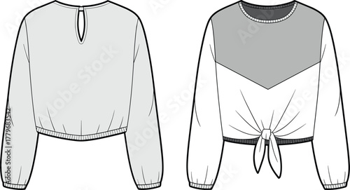 Women’s long sleeve top, fashion illustration, technical sketch, chevron yoke design, tie front hem, gathered cuffs, apparel flat, garment construction, sewing pattern, stock vector