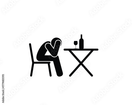 Depressed Figure Sitting at Table with Wine Bottle and Glass Silhouette Icon