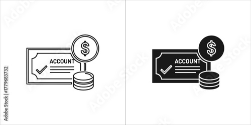 Bank account check icon with dollar coins, financial transaction concept