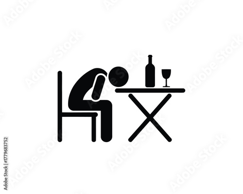 Depressed Stick Figure with Wine Bottle, Glass, and XLegged Table Black Silhouette