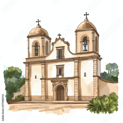 Jesuit Missions of La Sant?sima Trinidad. Jesuit Missions of La Sant?sima Trinidad hand drawn watercolor illustration