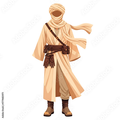 Man in desert attire with turban and scarf, isolated on white background