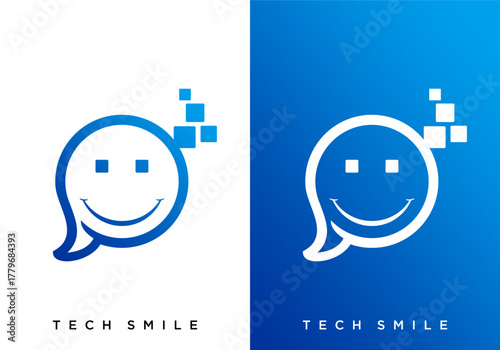smile chat bubble technology logo icon vector with pixel